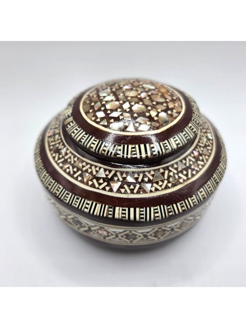 Egyptian Mother of Pearl Inlaid Round Wood Handmade Jewelry Trinket Box